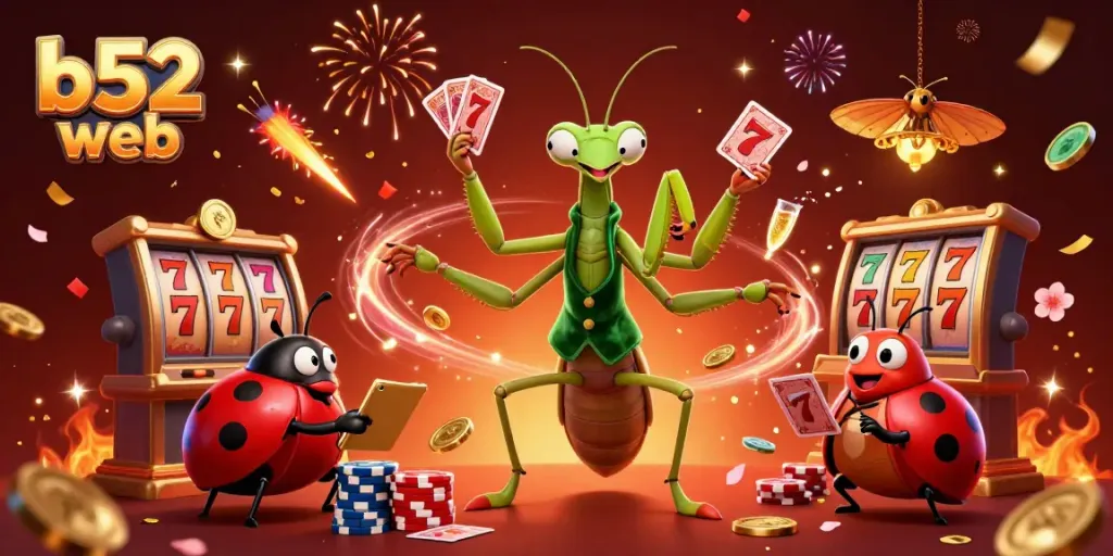 Engage in thrilling slots gameplay with b52 web's dynamic characters in this vibrant 3D casino scene.