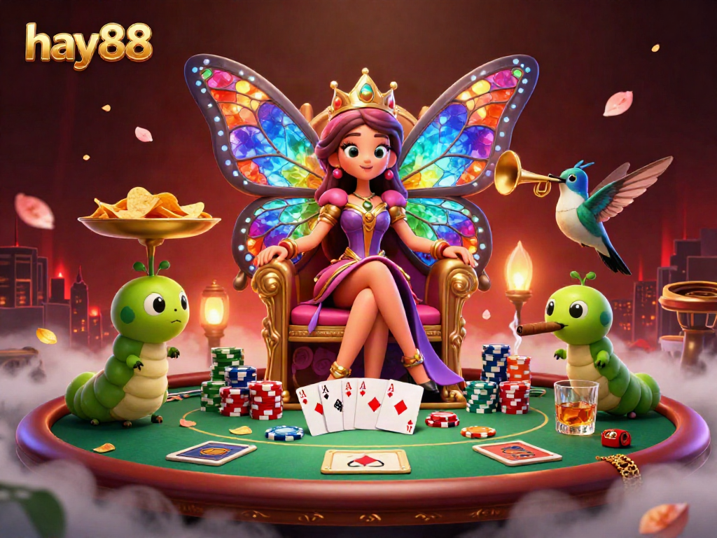 Experience the delightful world of hay88 with vibrant 3D casino scene showcasing a butterfly queen amidst poker elements.
