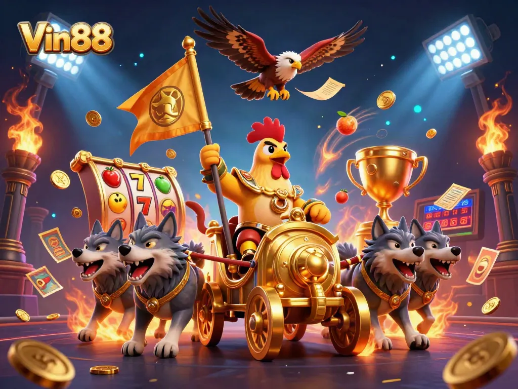 Engage in thrilling gameplay with Vin88, featuring a dynamic scene of a rooster warlord and casino elements.