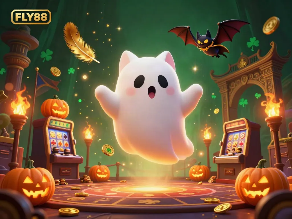 Bet on FLY88 with a playful ghost cat in a haunted casino filled with vibrant game elements.