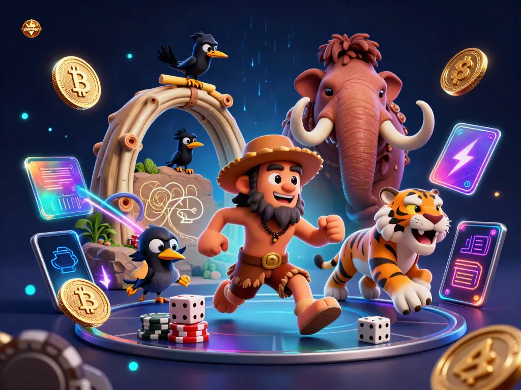 Experience the vibrant energy of SUNWIN's prehistoric casino with engaging characters and crypto elements.