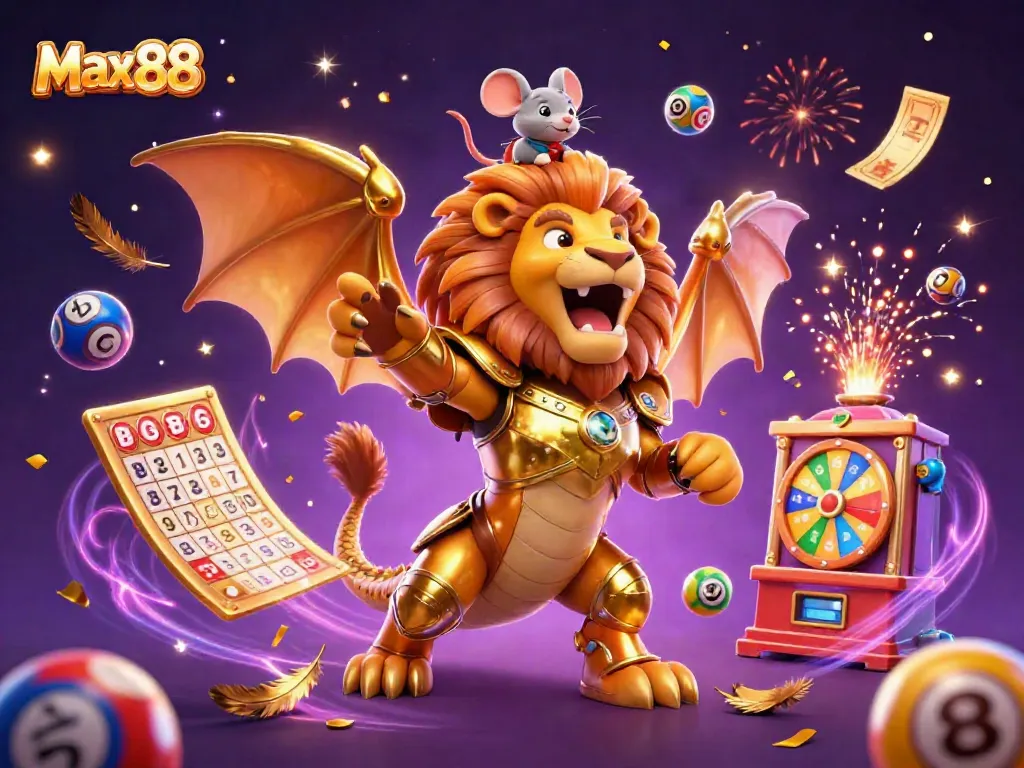 Experience the dynamic excitement of Max88 with a roaring chimera, vibrant lottery elements, and celebratory confetti in this action-packed casino illustration.