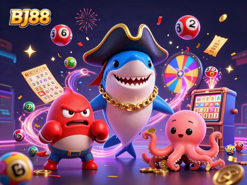 Experience thrilling wins at BJ88 with a vibrant casino illustration showcasing dynamic game elements and playful characters.