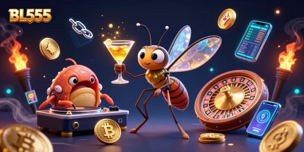 Engage in thrilling gaming at BL555 with vibrant casino characters and crypto elements.