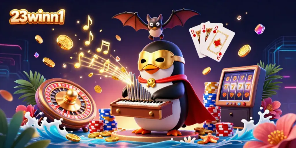 Experience thrilling wins at 23winn1 as a penguin plays a magical organ showering golden coins.