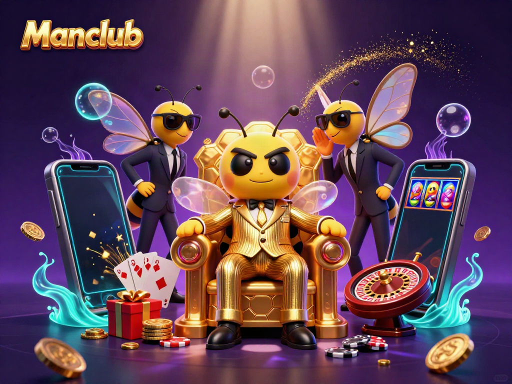 A vibrant Manclub illustration showcasing a bumblebee mob boss with casino elements, spinning slot reels and cards, inviting players into the gaming world.