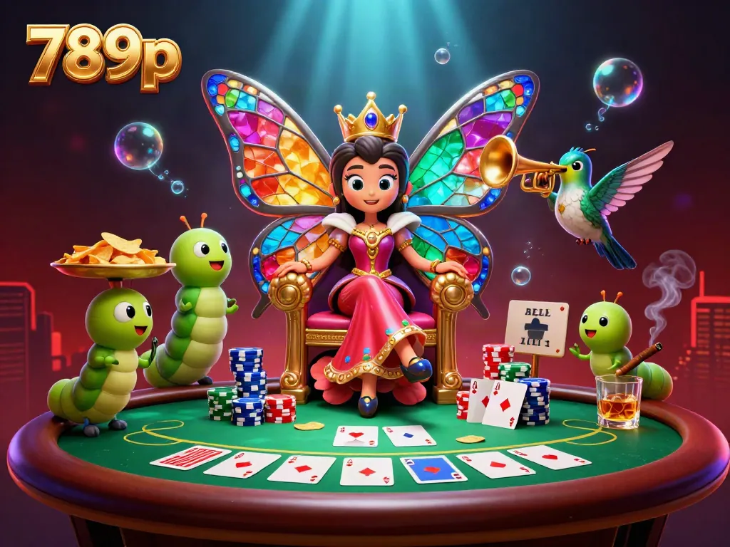 Play thrilling games at 789p casino, featuring a vibrant 3D butterfly queen amidst colorful poker chips and exciting gameplay elements.