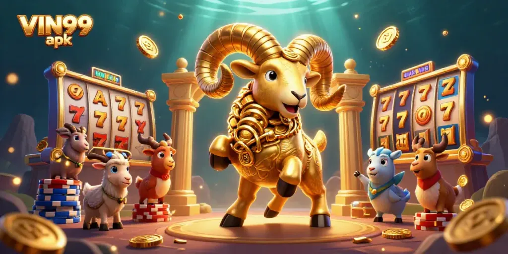 Win big with VIN99 apk in this vibrant 3D casino illustration showcasing a golden ram amidst slot machine excitement.