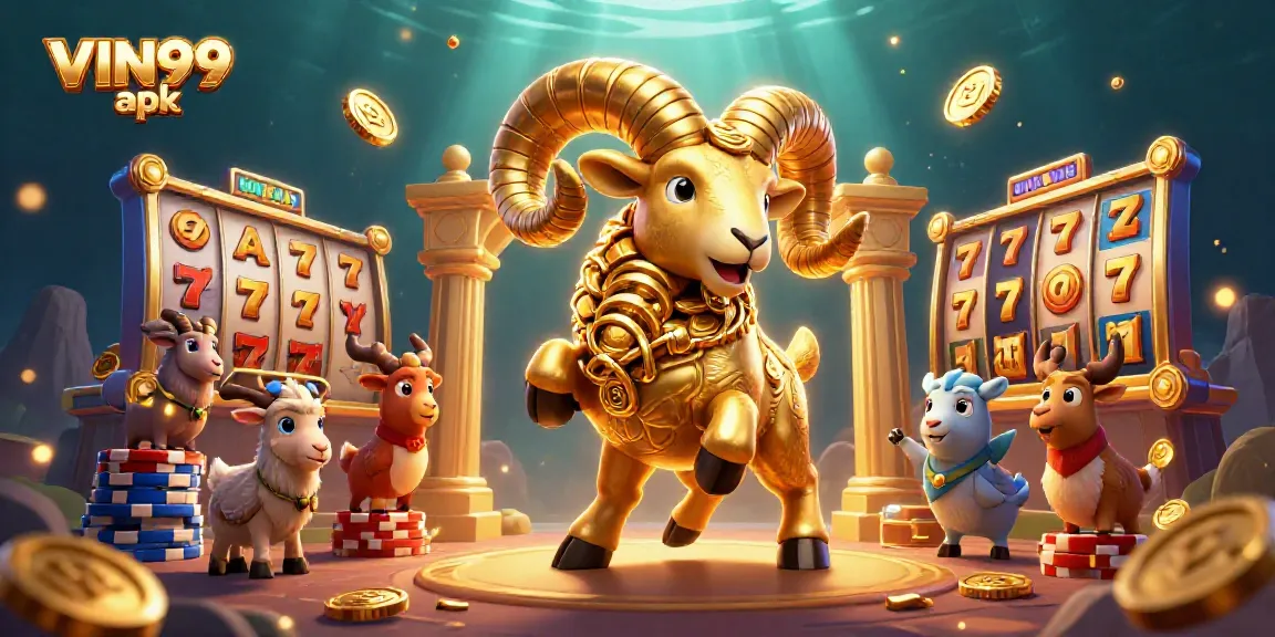 Win big with VIN99 apk in this vibrant 3D casino illustration showcasing a golden ram amidst slot machine excitement.
