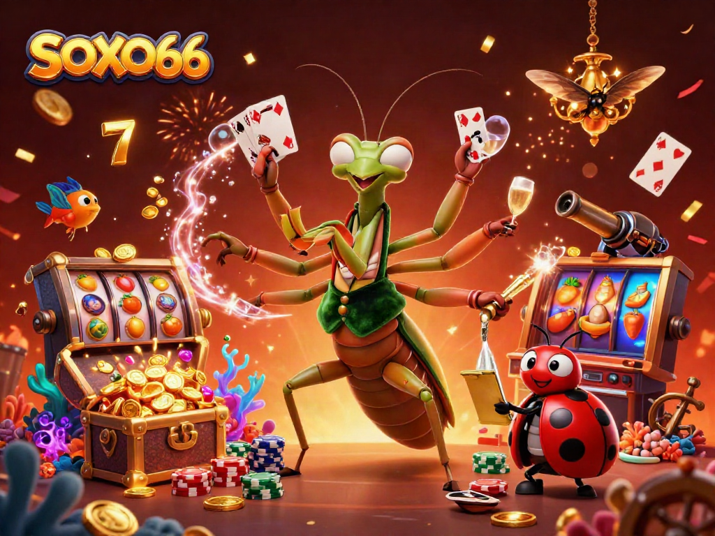 Experience thrilling action with SOXO66 as the mantis dealer showcases slots and golden gems.
