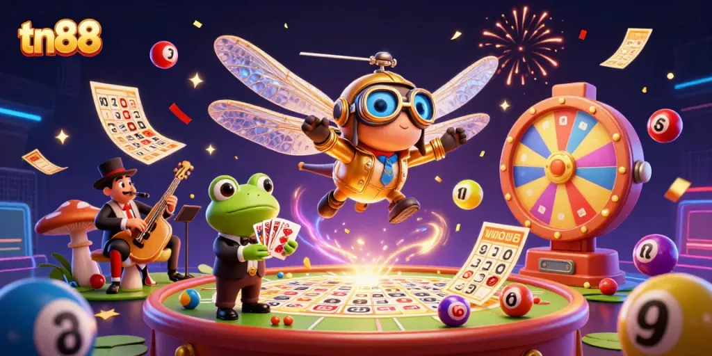 Experience excitement with tn88 as a dragonfly pilot navigates a vibrant lily pad casino scene.