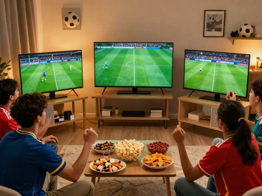 Friends enjoying a live football match while watching gavangtv on a large screen, creating a lively and inviting atmosphere.