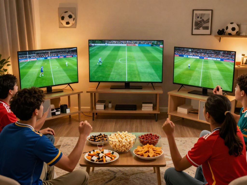 Friends enjoying a live football match while watching gavangtv on a large screen, creating a lively and inviting atmosphere.