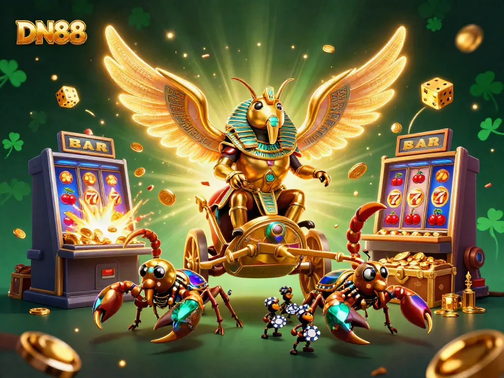 Experience dynamic casino action with DN88's vibrant illustration of a golden scarab beetle and exciting gaming elements.