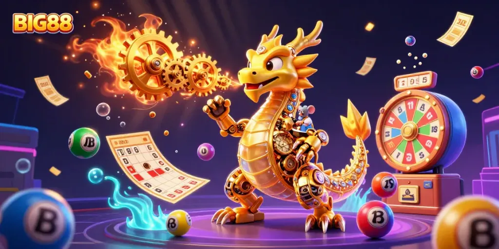 Engage with BIG88's dynamic casino world featuring a mechanical dragon and vibrant lottery elements.
