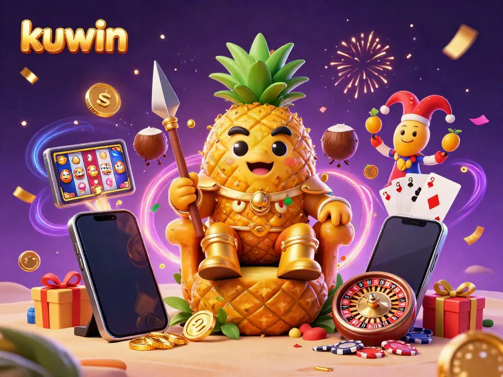 Kuwin engages players with a vibrant casino scene featuring a golden pineapple king, games, and vibrant elements.