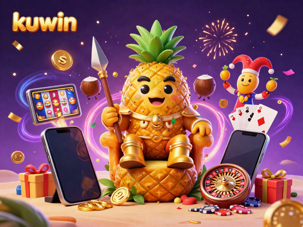 Kuwin engages players with a vibrant casino scene featuring a golden pineapple king, games, and vibrant elements.