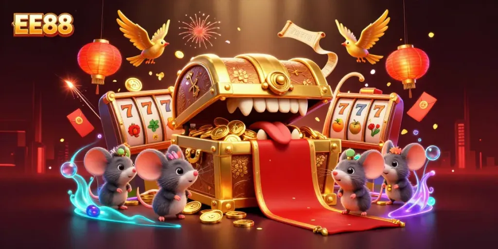Engage with EE88's thrilling online casino experience with a captivating illustration featuring gold coins and lively slot reels.