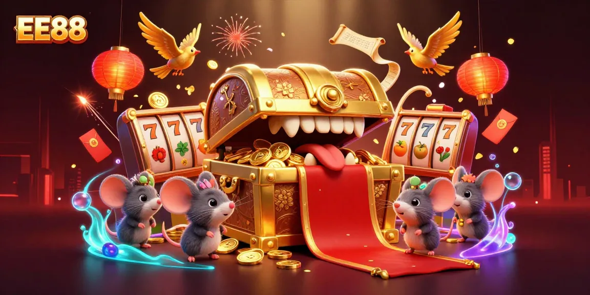 Engage with EE88's thrilling online casino experience with a captivating illustration featuring gold coins and lively slot reels.