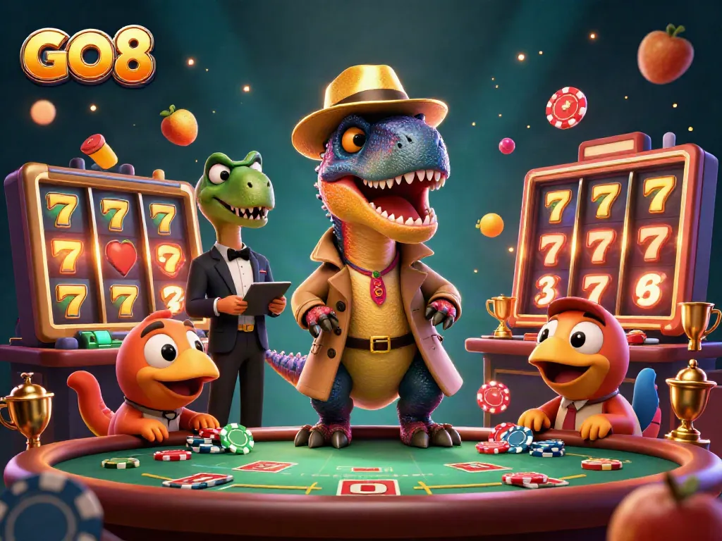 Card counting velociraptor at the GO8 blackjack table, surrounded by slot reels and jackpot elements.