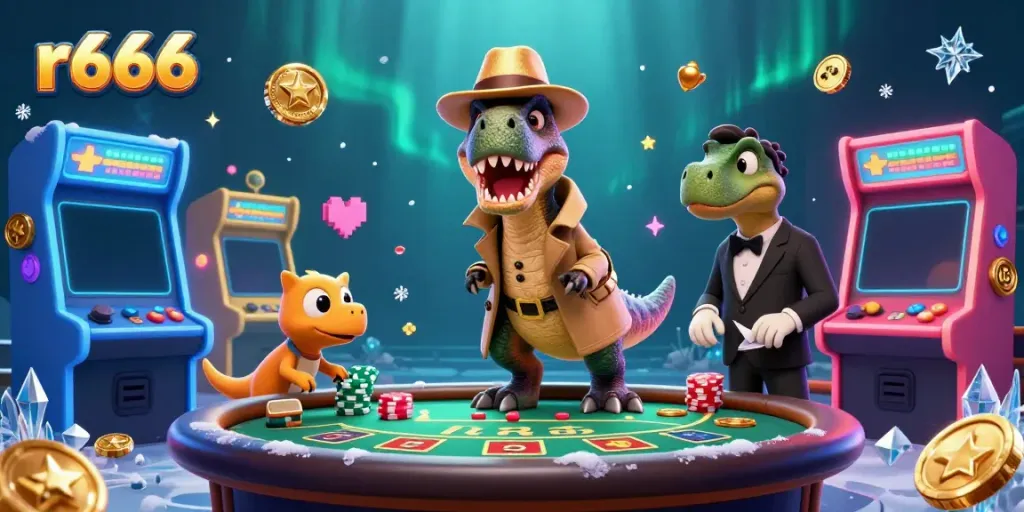 Play r666 games at a blackjack table with a cartoon velociraptor and stegosaurus pit boss.
