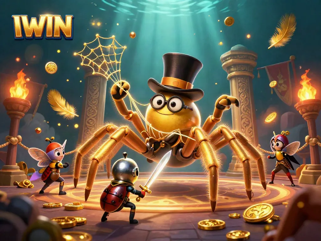 IWIN engages players with a dynamic casino battle scene featuring a golden tarantula and beetle knight.