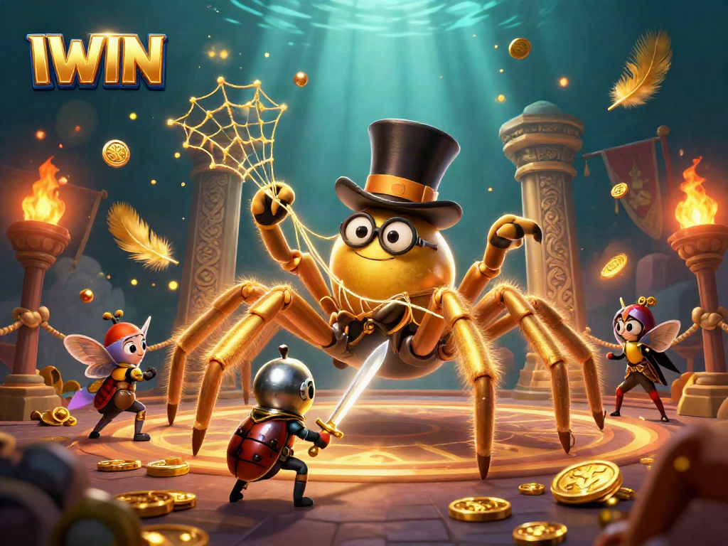 IWIN engages players with a dynamic casino battle scene featuring a golden tarantula and beetle knight.