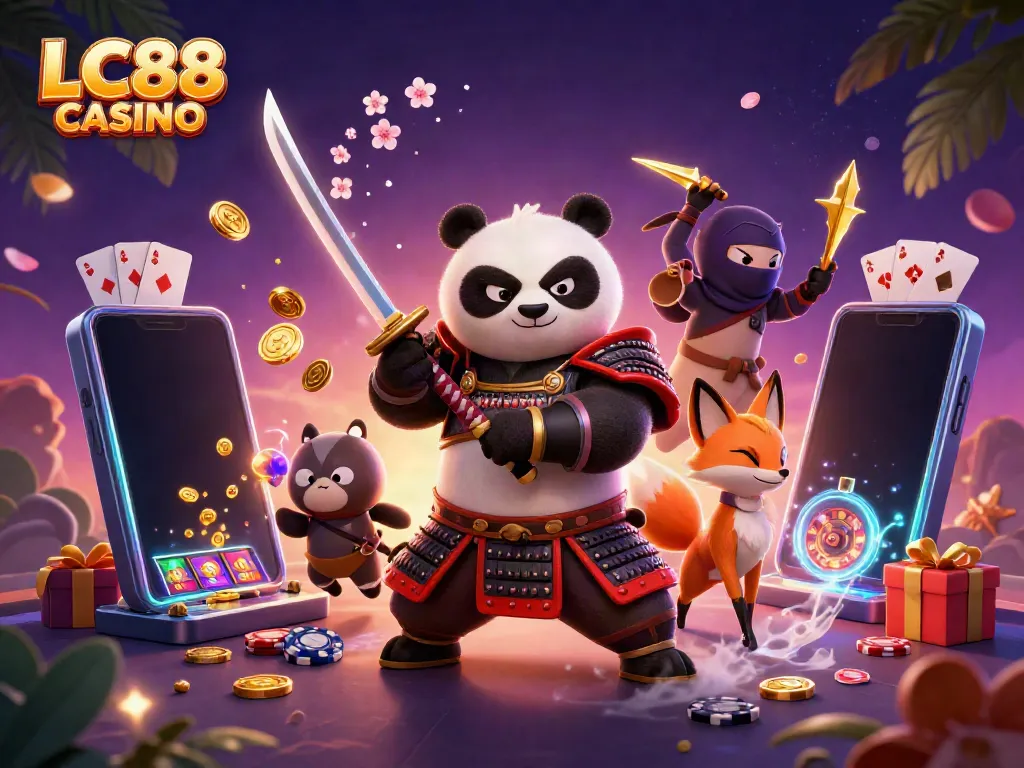 Join the fun at LC88 CASINO with a dynamic 3D illustration showcasing thrilling gaming elements and characters.
