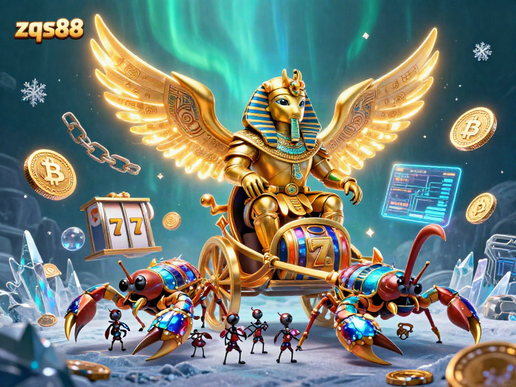 Bet on exciting games with zqs88's vibrant casino experience featuring a scarab beetle and neon elements.
