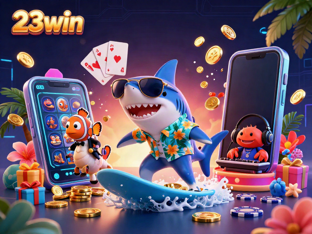 Experience excitement at 23win with a cartoon shark surfing on gold coins among vibrant casino elements.