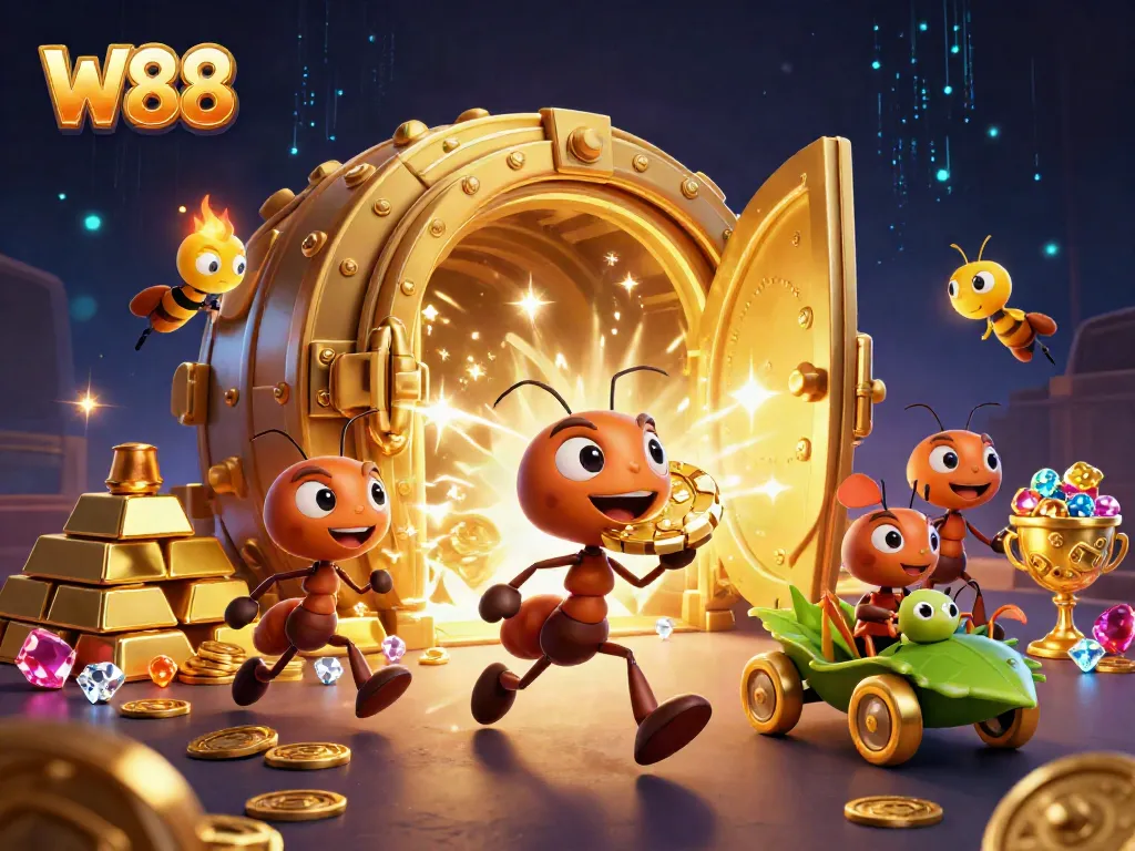 Engage in thrilling W88 experiences with animated ants heisting a giant poker chip in a vibrant casino setting.