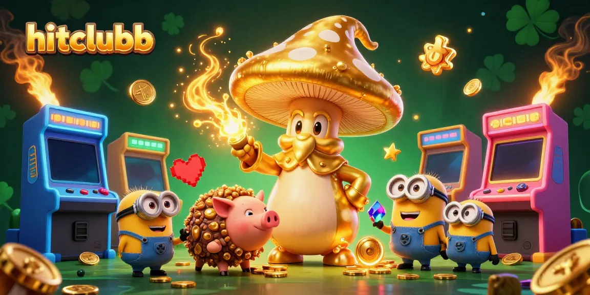 hitclubb fantasy gaming scene showcasing golden mushroom wizard with treasure, vibrant elements, and casino icons.