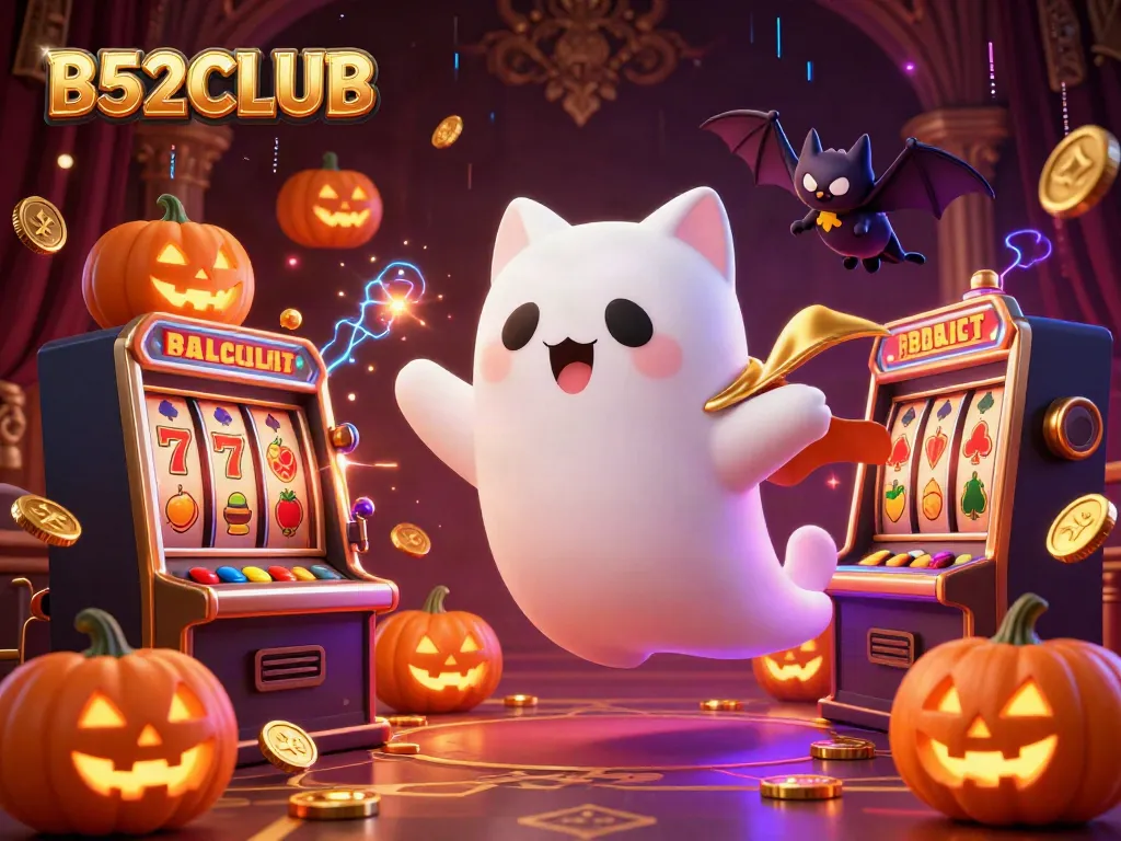 Engage with B52CLUB in a vibrant casino scene, featuring a friendly ghost cat and thrilling games.