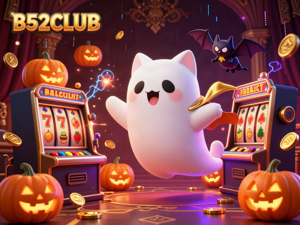 Engage with B52CLUB in a vibrant casino scene, featuring a friendly ghost cat and thrilling games.