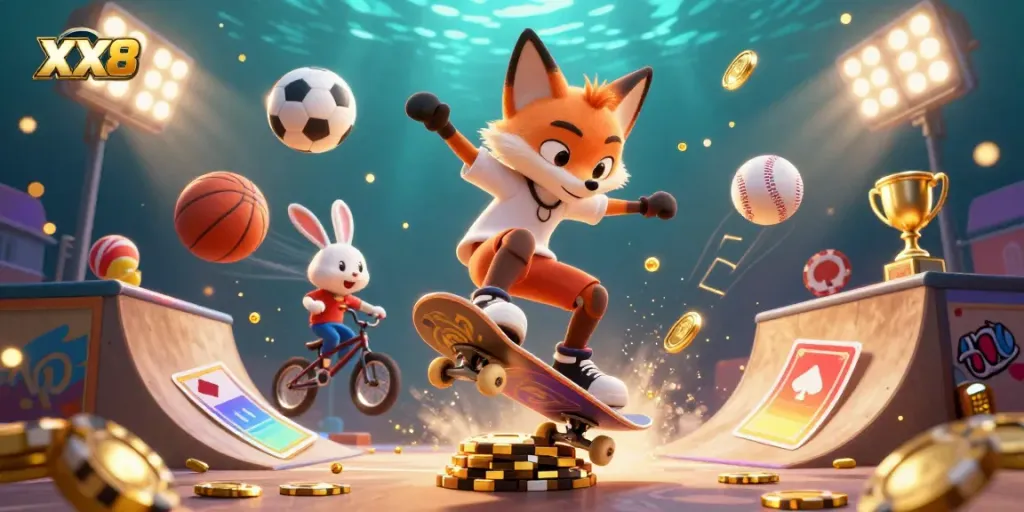 Engage with the vibrant action of XX8 casino gaming, featuring animated characters in a dynamic gambling scene.