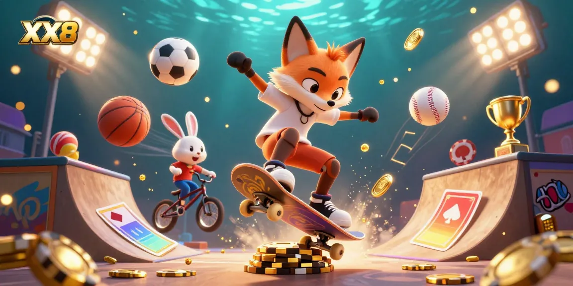 Engage with the vibrant action of XX8 casino gaming, featuring animated characters in a dynamic gambling scene.