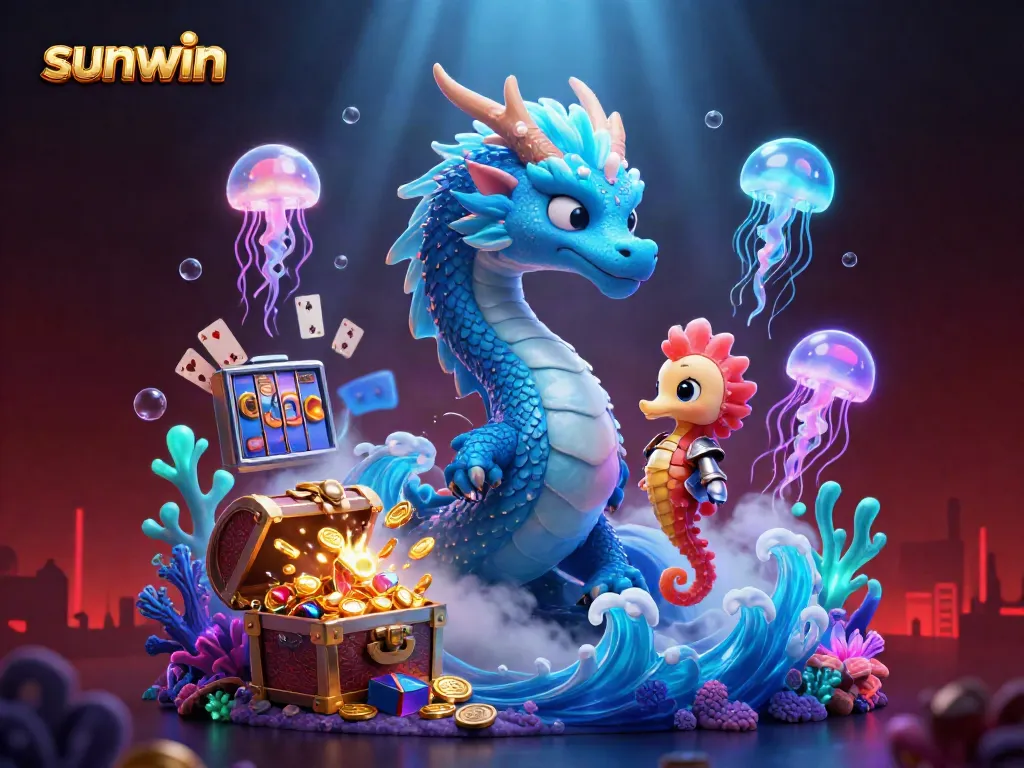 Experience jackpot excitement with sunwin as the water dragon, seahorse knight, and glowing jellyfish celebrate winnings together.