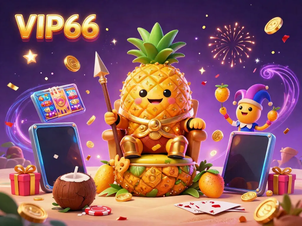 Engaging scene of VIP66 casino featuring a golden pineapple king, lively jester, and vibrant gaming elements.