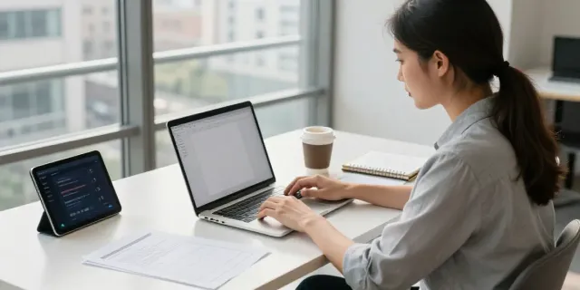 Dewalive professional workspace for MBA essay revisions with polished documents and city view.