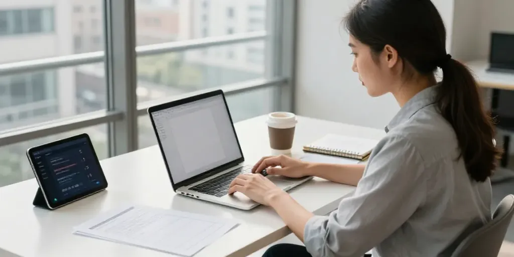 Dewalive professional workspace for MBA essay revisions with polished documents and city view.