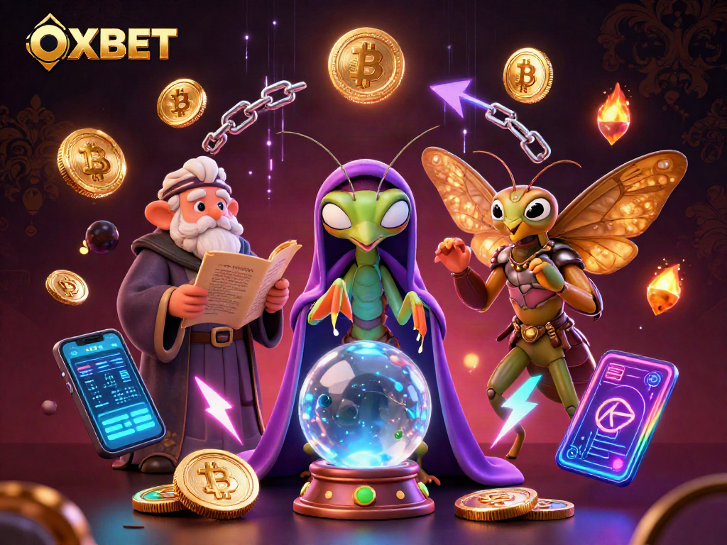 Engage with the OXBET online casino through a mystical illustration featuring fortune tellers and vibrant gaming elements.