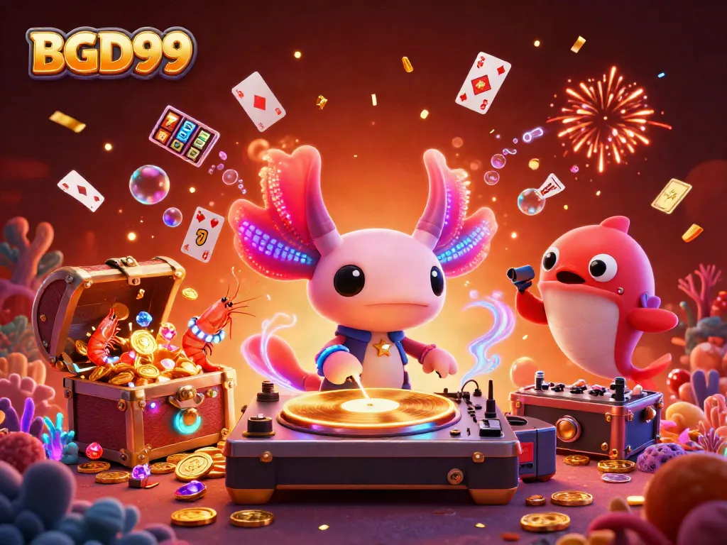 Engage with BGD99's vibrant underwater gaming scene featuring the neon axolotl DJ and dynamic casino elements.