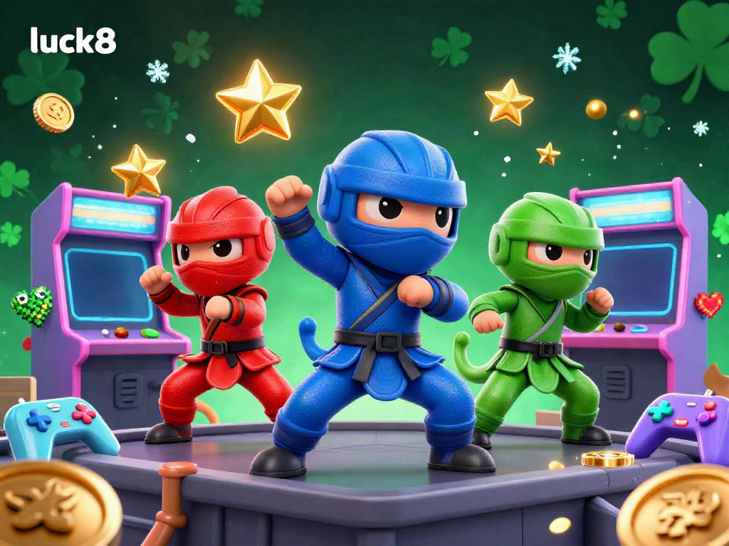 Experience luck8 with vibrant ninja chameleons in a casino-themed action scene featuring games and golden coins.