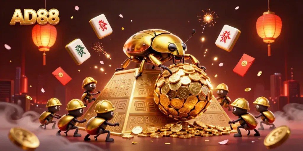 AD88 showcases a vibrant 3D scene of golden beetles rolling coins amidst casino elements, creating a lively atmosphere.