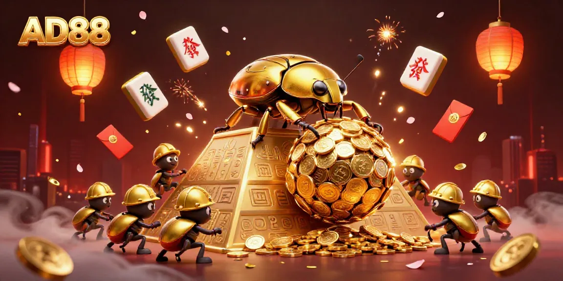 AD88 showcases a vibrant 3D scene of golden beetles rolling coins amidst casino elements, creating a lively atmosphere.