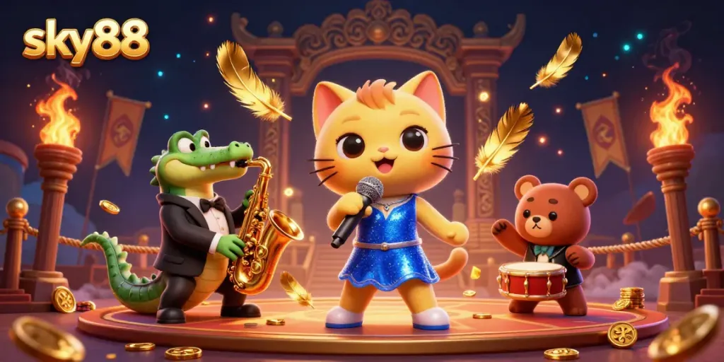Experience the thrilling sky88 atmosphere with vibrant 3D characters and dynamic casino elements.