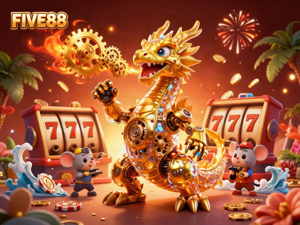 Experience thrilling gaming action with FIVE88's immersive slots featuring a golden dragon and dynamic elements.