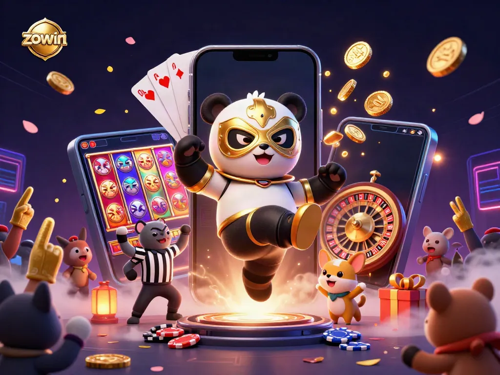 Zowin casino illustration with an action-packed scene featuring a wrestler panda making a flying kick in a vibrant gaming environment.