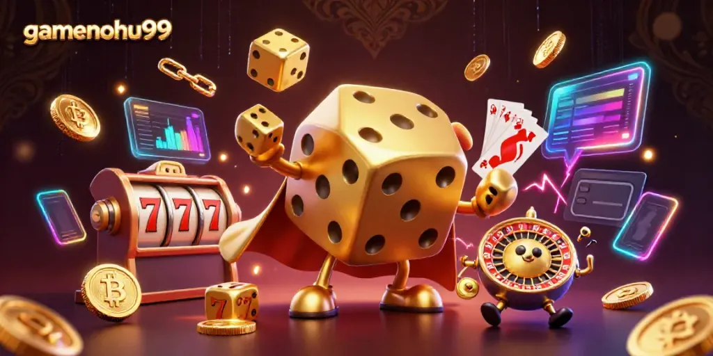 Experience gamenohu99 with a golden dice golem juggling glowing coins and vibrant slot elements.