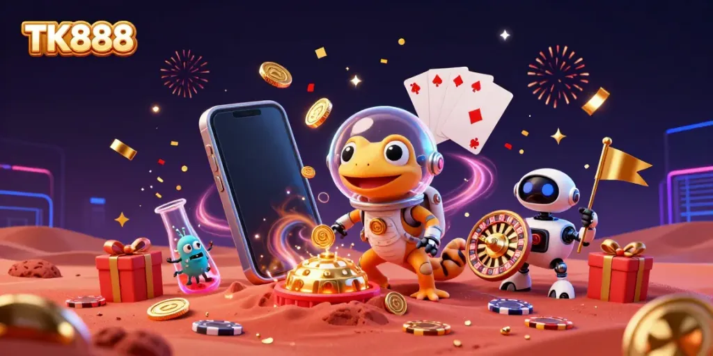 Experience the excitement of casino games with TK888 in a vibrant 3D Martian setting, featuring slot games and playful aliens.